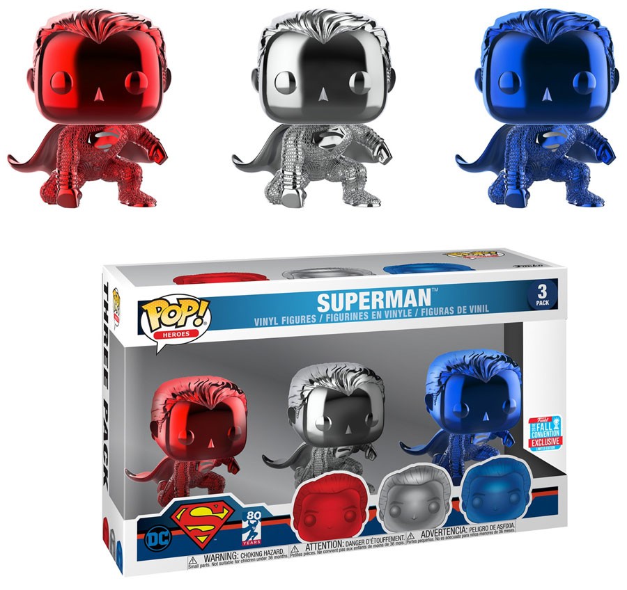Funko Heroes Superman 3-Pack  - Funko POP! [Chrome Red, White & Blue] 2018 Fall Con Exclusive