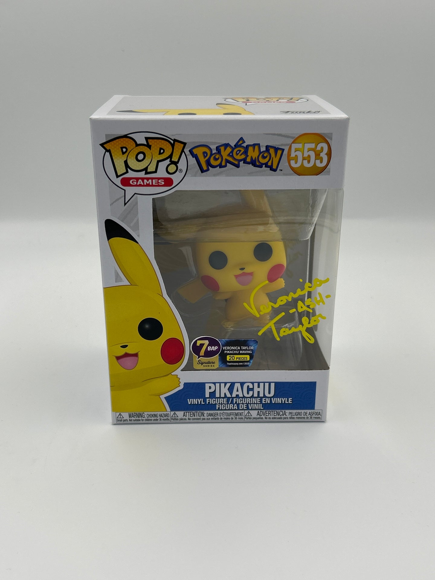 Pikachu (Waving) - #553 - Funko Pop! - Games - Pokemon - 7BAP signature Series - Signed By  Veronica Taylor - 20 Pieces